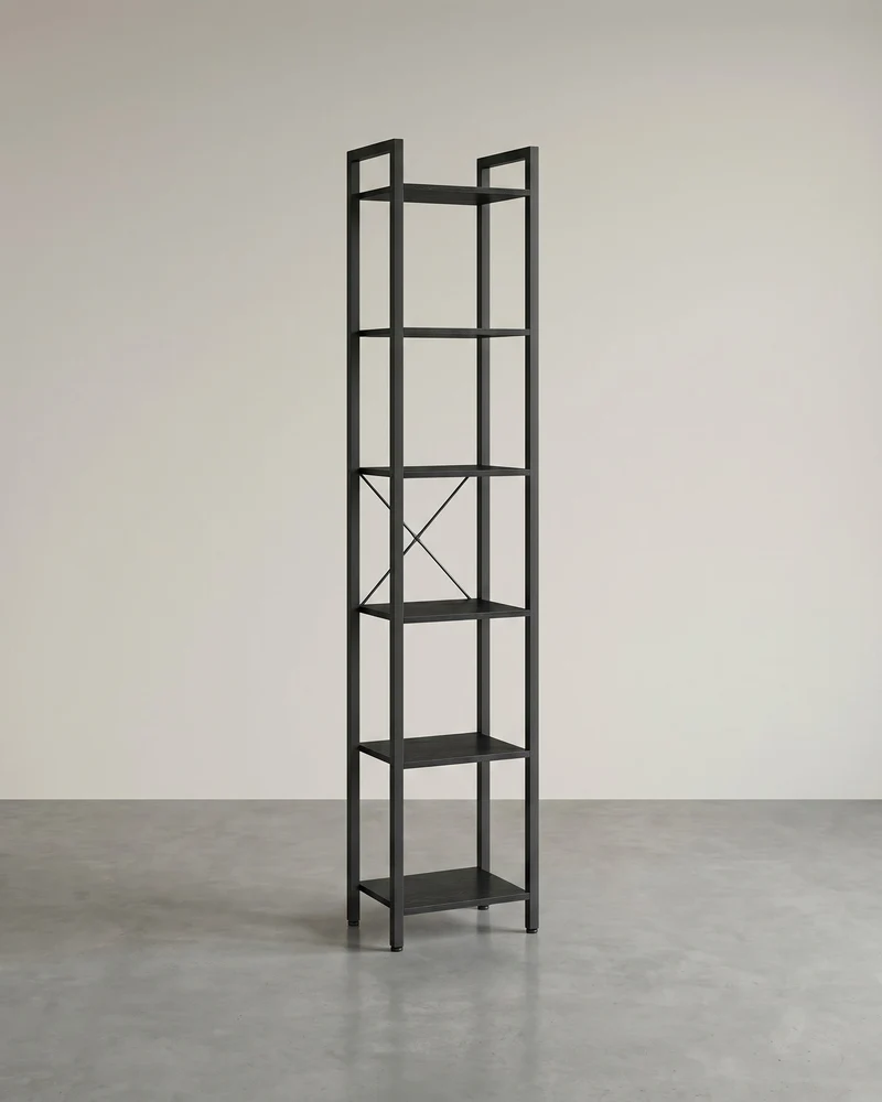 Bücherregal Industriedesign – 6 Ebenen – schmal 40 cm – schwarzer Metallrahmen mit Holzoptik – für Wohnzimmer & Büro