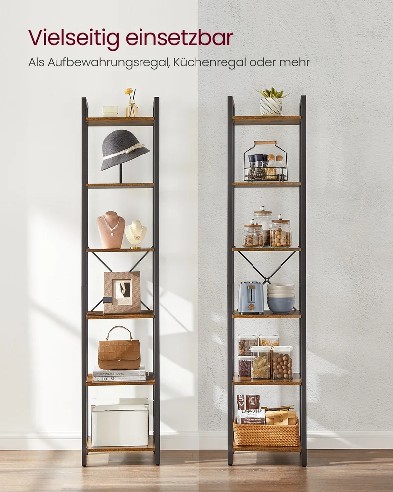 Bücherregal Industriedesign – 6 Ebenen – schmal 40 cm – schwarzer Metallrahmen mit Holzoptik – für Wohnzimmer & Büro