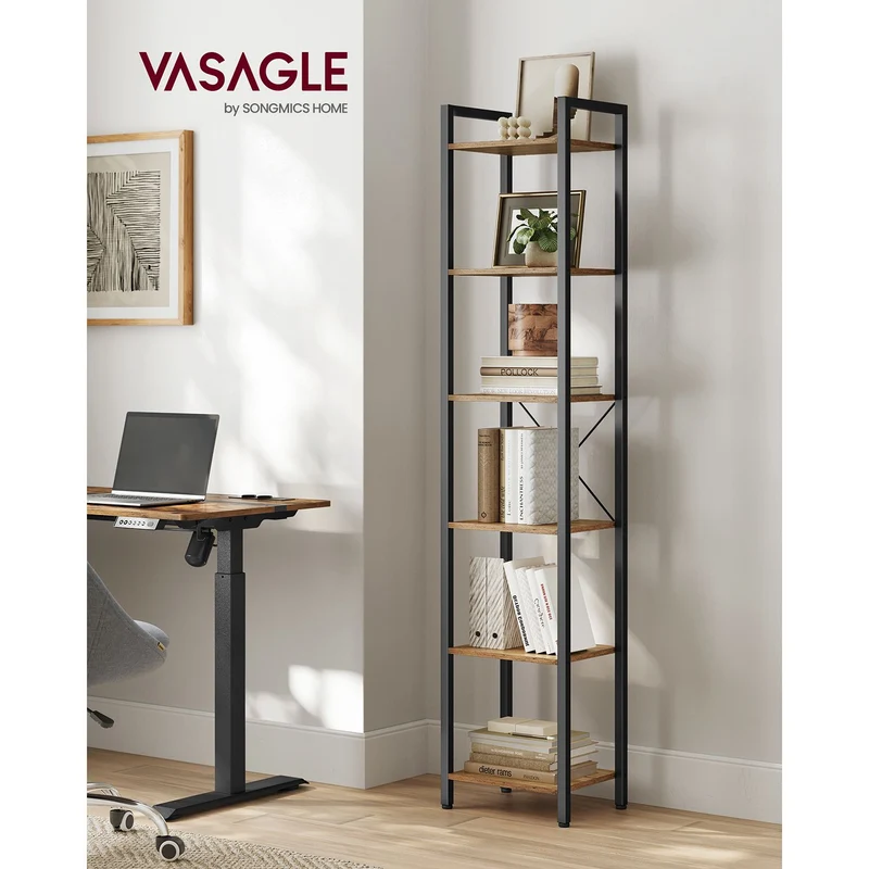 Bücherregal Industriedesign – 6 Ebenen – schmal 40 cm – schwarzer Metallrahmen mit Holzoptik – für Wohnzimmer & Büro