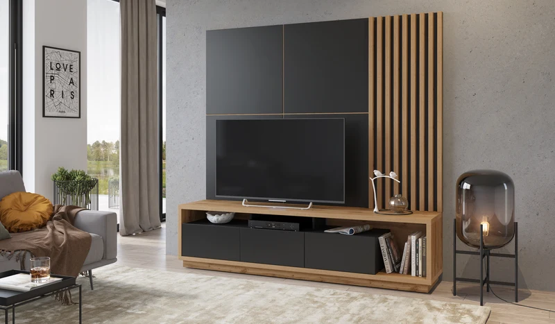 Wohnwand Set + Holz Optik + Schubladen + Ablagefläche