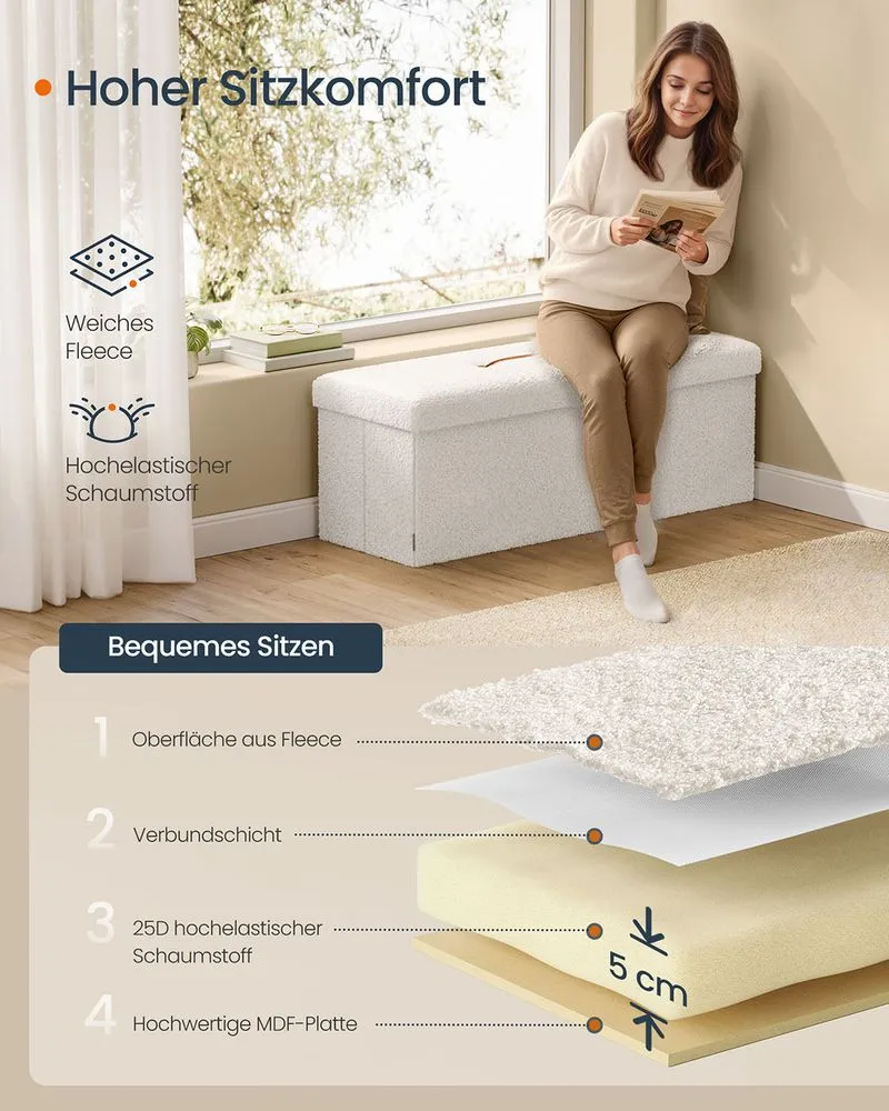 Sitzbank mit Stauraum 131 L – Sitzhocker / Truhenbank – faltbar – belastbar bis 300 kg für Wohn- & Schlafzimmer