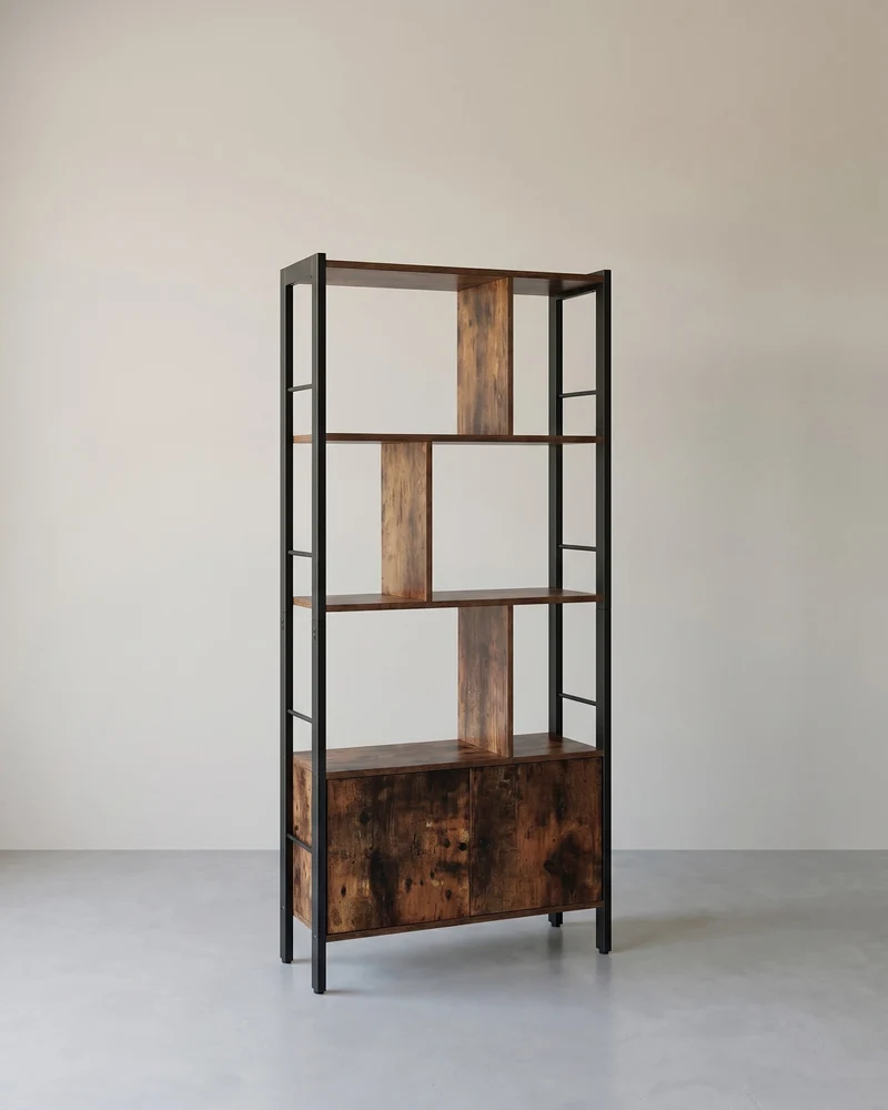 Bücherregal Industriedesign mit Zickzack-Design – 4 offene Böden + Schrank mit Türen – für Wohnzimmer & Büro