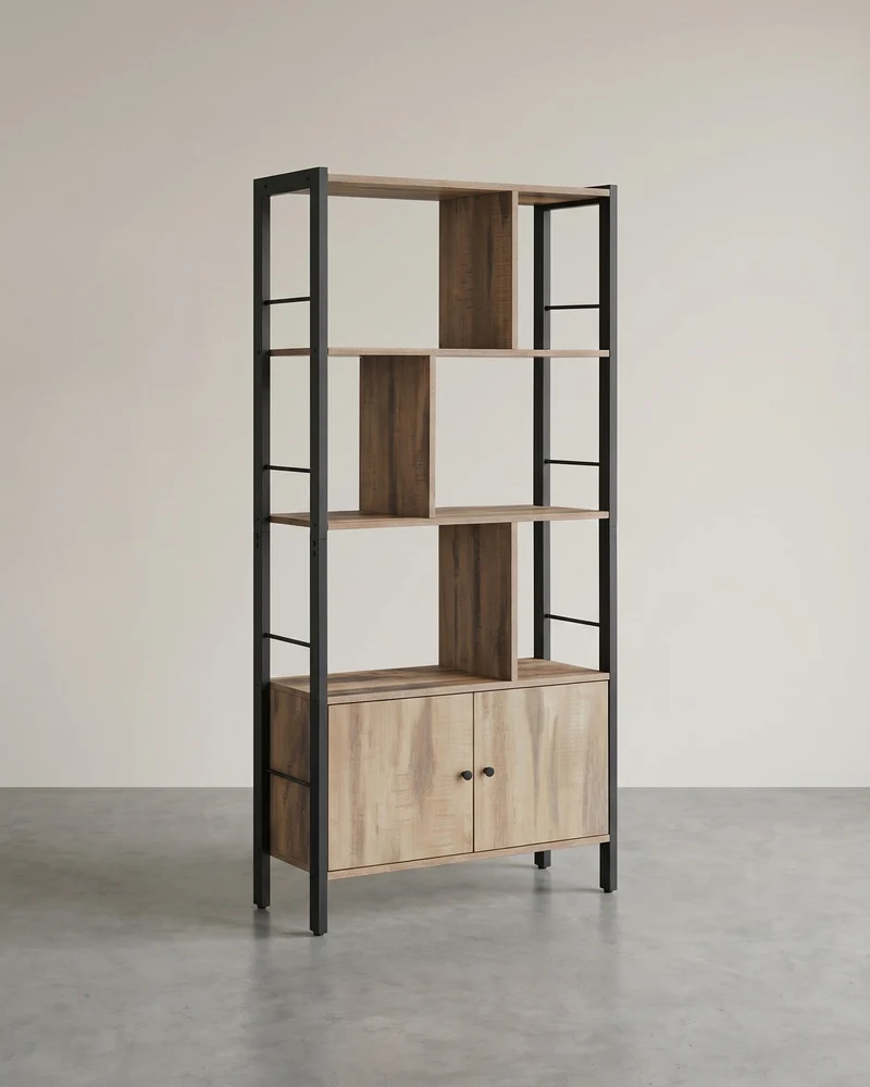 Bücherregal Industriedesign mit Zickzack-Design – 4 offene Böden + Schrank mit Türen – für Wohnzimmer & Büro