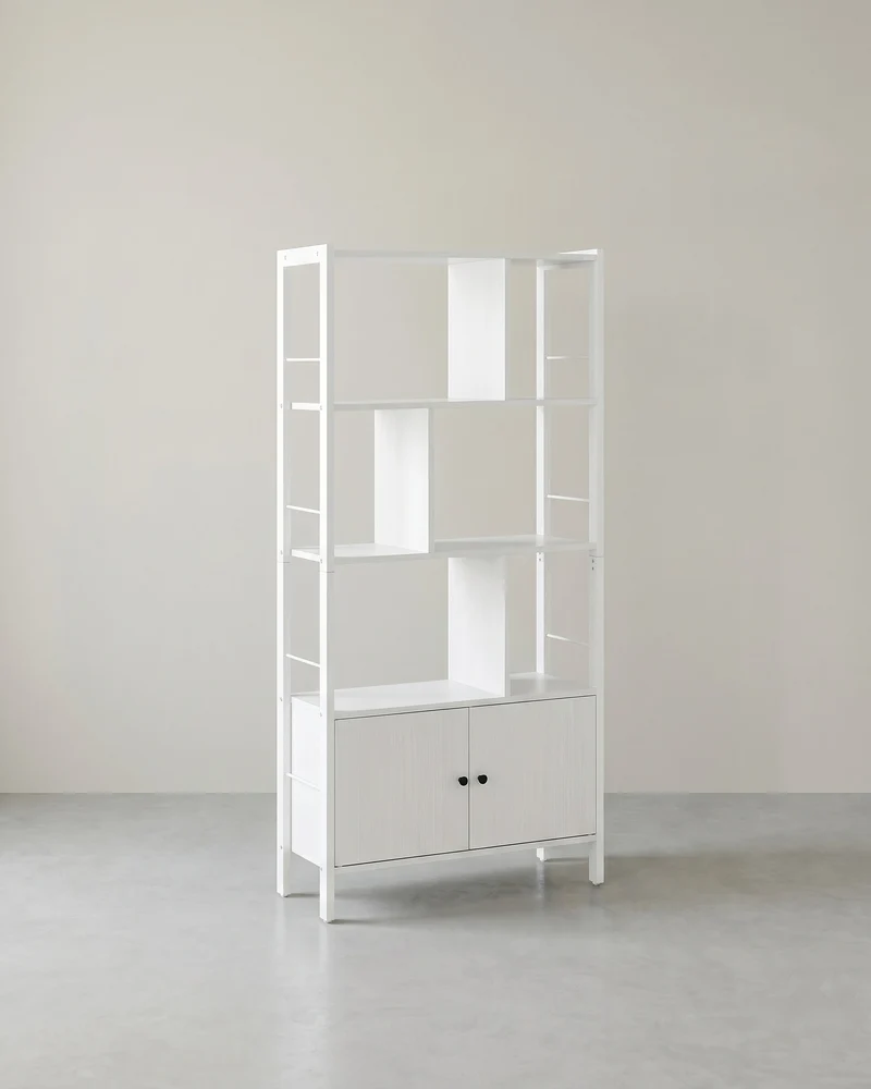 Bücherregal Industriedesign mit Zickzack-Design – 4 offene Böden + Schrank mit Türen – für Wohnzimmer & Büro