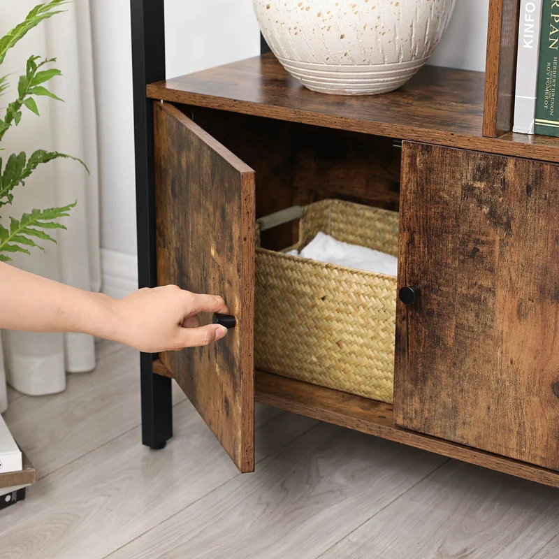 Bücherregal Industriedesign mit Zickzack-Design – 4 offene Böden + Schrank mit Türen – für Wohnzimmer & Büro
