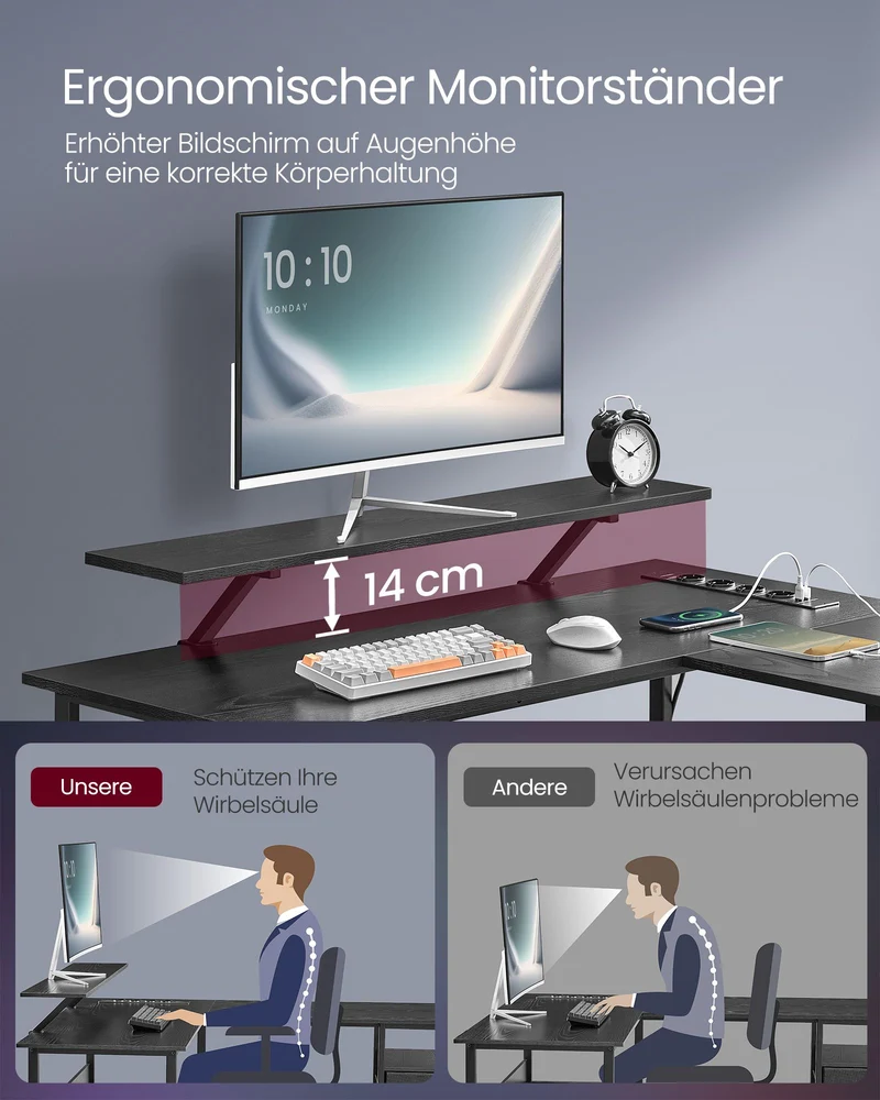 L-förmiger Eckschreibtisch mit LED-Beleuchtung und Steckdosen - USB-Anschlüssen - Gaming-Schreibtisch