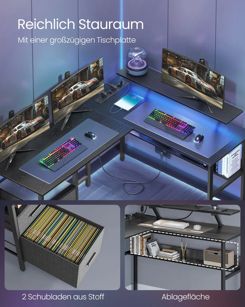 L-förmiger Eckschreibtisch mit LED-Beleuchtung und Steckdosen - USB-Anschlüssen - Gaming-Schreibtisch