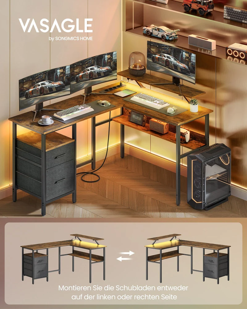 L-förmiger Eckschreibtisch mit LED-Beleuchtung und Steckdosen - USB-Anschlüssen - Gaming-Schreibtisch