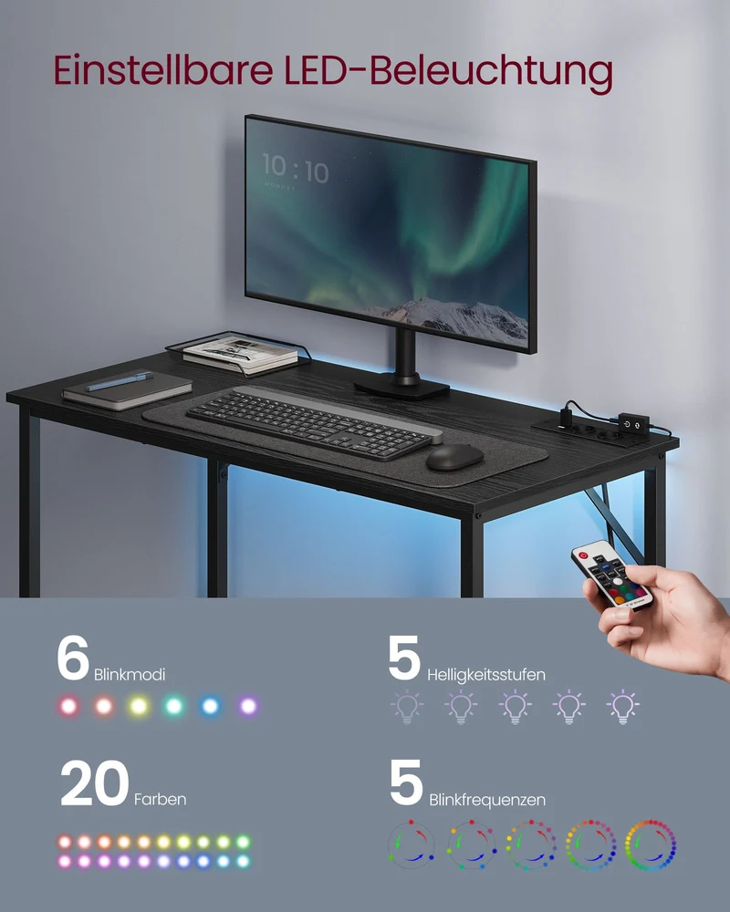 Gaming-Tisch kompakt – mit LED-Beleuchtung und Steckdosen – Computertisch