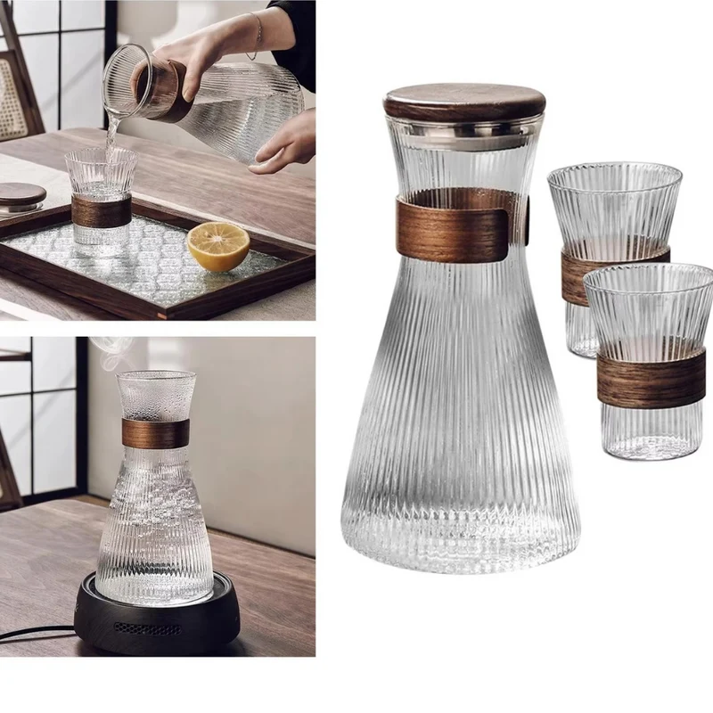Wasserflasche Kaltwasserkrug™ | Elegante, praktische Glasflasche mit Walnussdeckel.