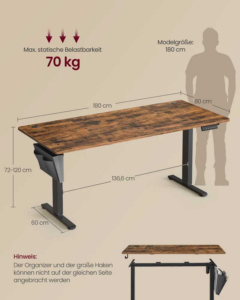 Elektrischer Sitz-Steh-Schreibtisch 180 x 80 cm – höhenverstellbar – mit Kabelmanagement