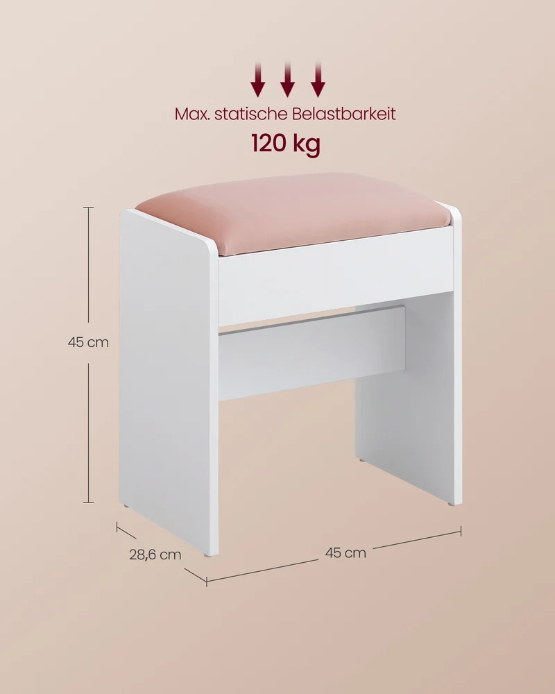 Schminkhocker – Sitzfläche aus Samt – 120 kg Tragkraft – Weißer Holzhocker mit rosa Polsterung