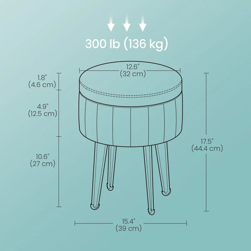 Runder Samthocker mit Stauraum – Mit Deckel als Tischplatte – Ø39 cm – Bis 136 kg belastbar