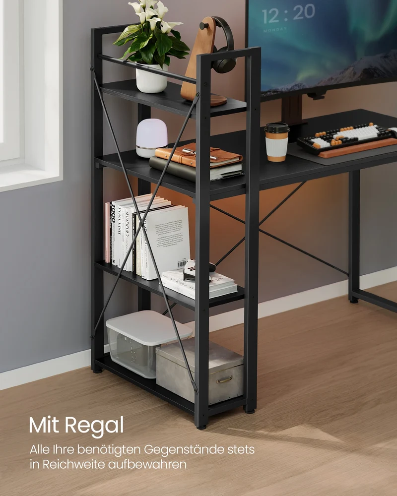 Schreibtisch mit Bücherregal – 120 cm breit – Flexible Regalmontage links oder rechts – Industriedesign – Bis zu 100 kg belastbar