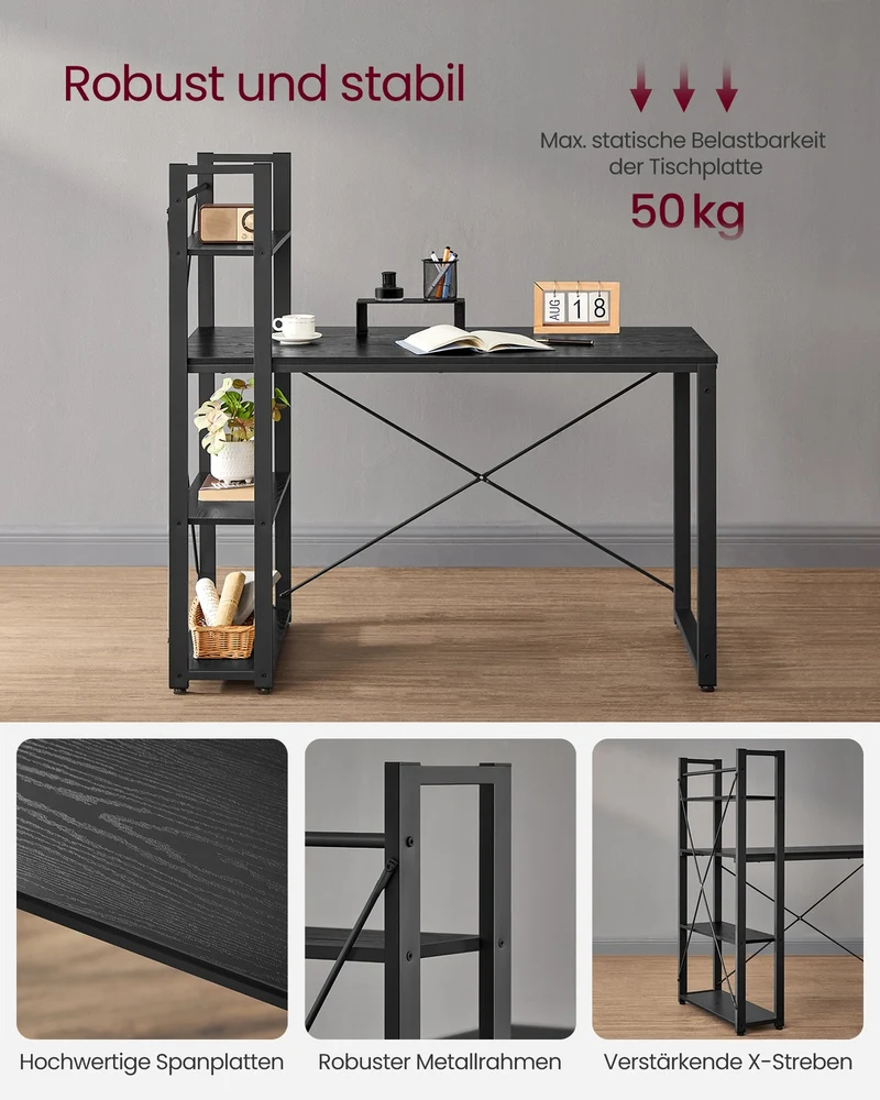 Schreibtisch mit Bücherregal – 120 cm breit – Flexible Regalmontage links oder rechts – Industriedesign – Bis zu 100 kg belastbar
