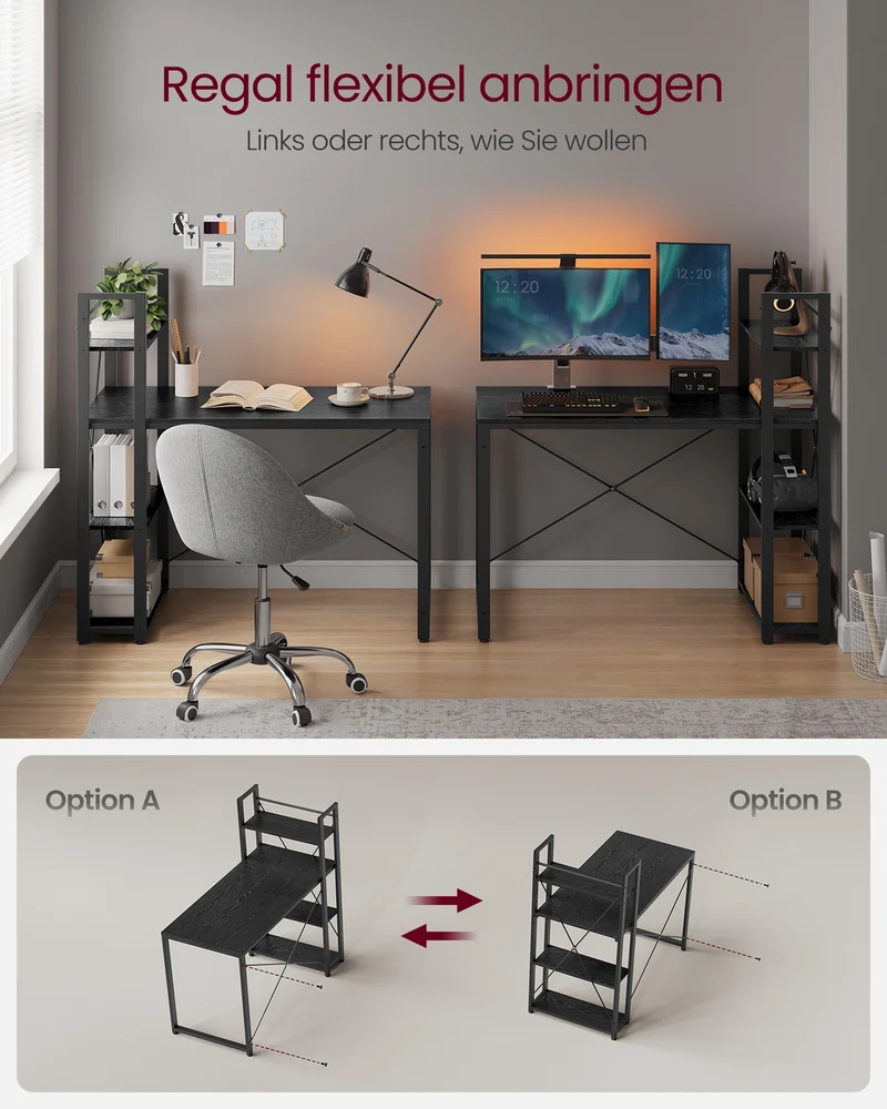 Schreibtisch mit Bücherregal – 120 cm breit – Flexible Regalmontage links oder rechts – Industriedesign – Bis zu 100 kg belastbar