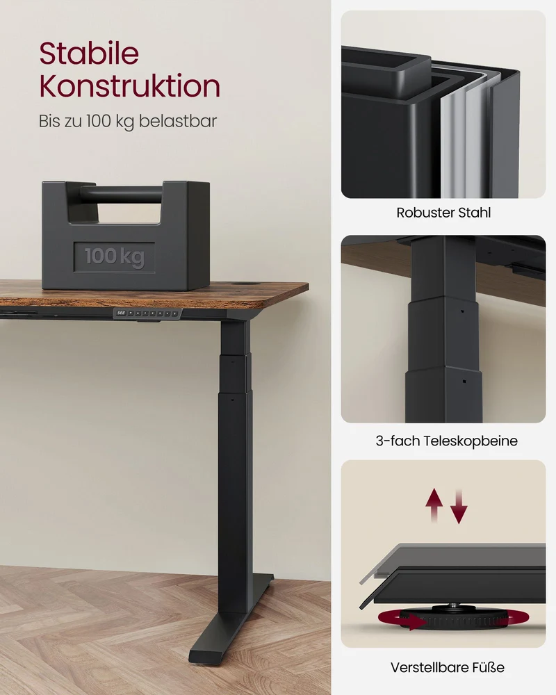 Elektrisches Sitz-Steh-Schreibtischgestell – Doppelmotor – Höhen- und breitenverstellbar – Bis 100 kg Tragkraft – Mit Controller, USB-Anschluss und Rollen