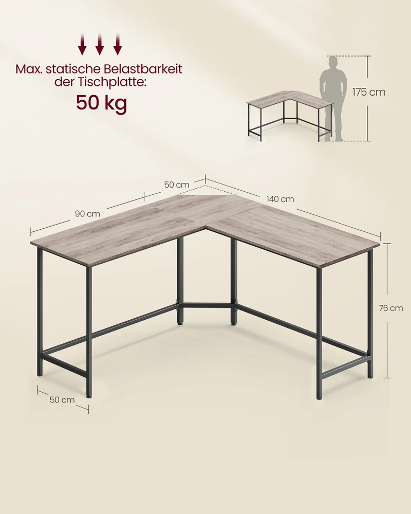 L-förmiger Schreibtisch – Eckschreibtisch mit Kabeldurchführung – Schwarz – 149 x 149 cm – Geräumig und platzsparend – Bis zu 50 kg belastbar