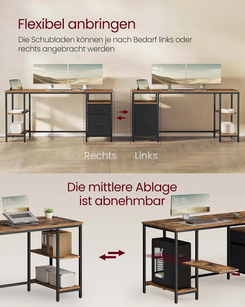 Vintage Schreibtisch 140 oder 160 cm – Industriedesign mit Schubladen und Ablageflächen – Bis 50 kg belastbar