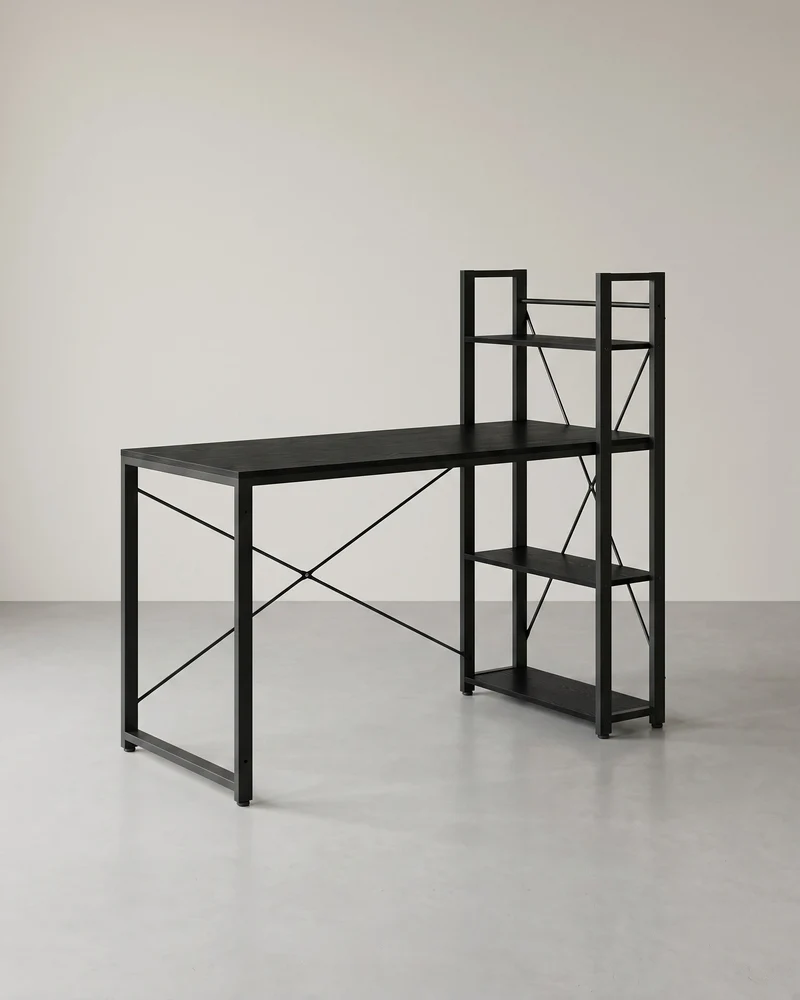 Industrie-Schreibtisch mit 3 Ablagen – 120 cm – Rechts oder Links montierbar – Verstellbare Füße – Bis 50 kg belastbar
