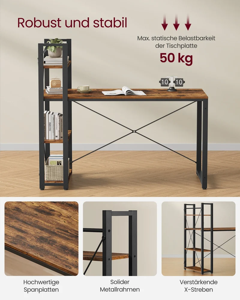 Industrie-Schreibtisch mit 3 Ablagen – 120 cm – Rechts oder Links montierbar – Verstellbare Füße – Bis 50 kg belastbar