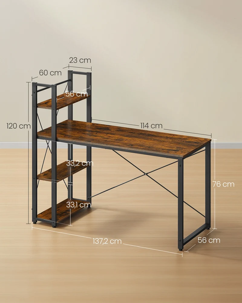 Industrie-Schreibtisch mit 3 Ablagen – 120 cm – Rechts oder Links montierbar – Verstellbare Füße – Bis 50 kg belastbar
