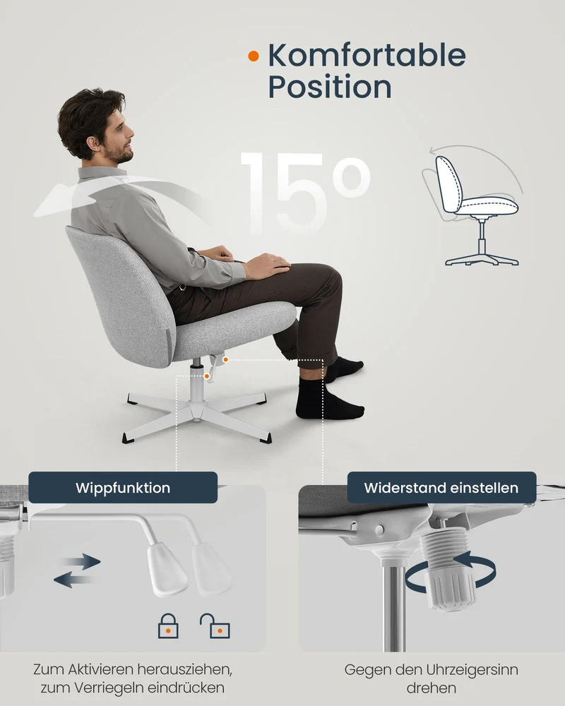 Moderner Drehstuhl – Bürostuhl mit Wippfunktion – Sitzhöhenverstellung – Polsterung in Leinenoptik – Mit oder ohne Rollen