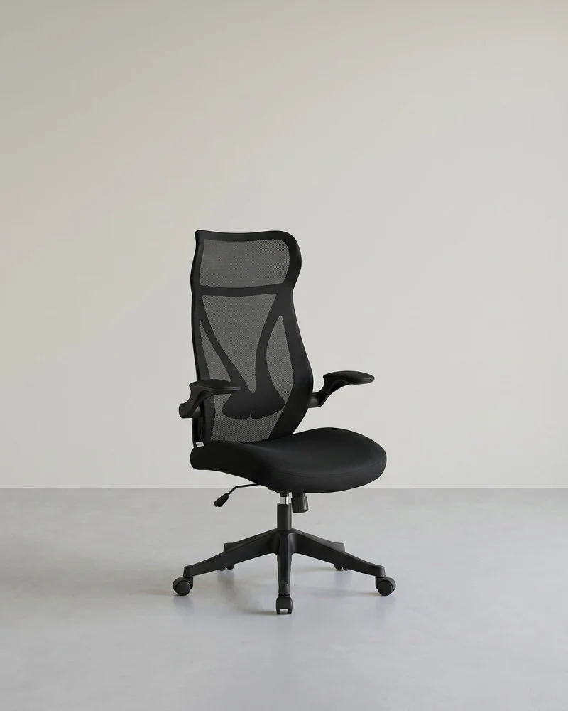 Ergonomischer Bürostuhl – Mit Kopfstütze, Lordosenstütze und klappbaren Armlehnen – S-förmige Rückenlehne – Bis 150 kg belastbar