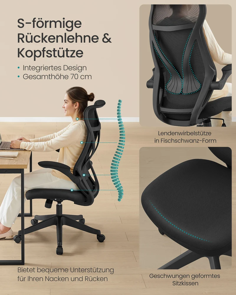 Ergonomischer Bürostuhl – Mit Kopfstütze, Lordosenstütze und klappbaren Armlehnen – S-förmige Rückenlehne – Bis 150 kg belastbar