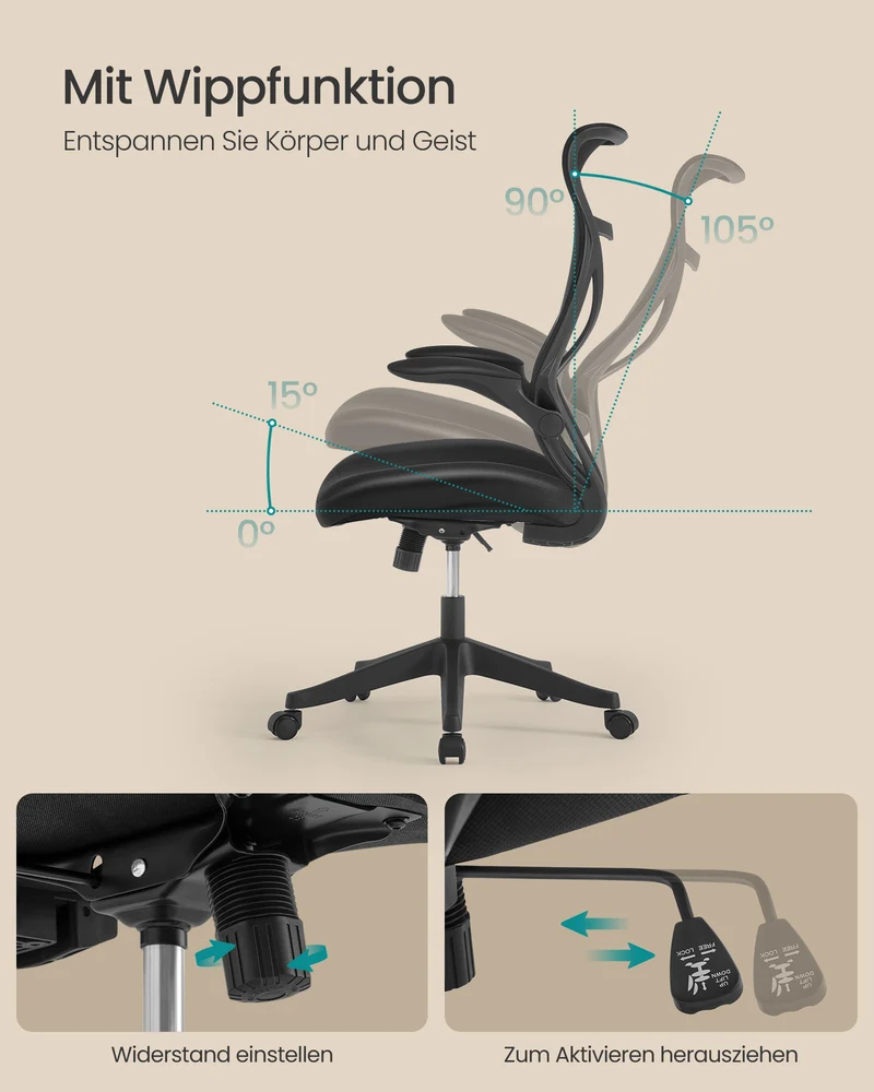 Ergonomischer Bürostuhl – Mit Kopfstütze, Lordosenstütze und klappbaren Armlehnen – S-förmige Rückenlehne – Bis 150 kg belastbar