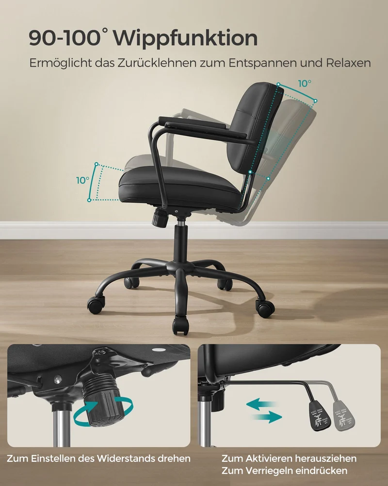 Bürostuhl Kunstleder – Ergonomisch, drehbar und höhenverstellbar – Mit Wippfunktion und breiten Armlehnen