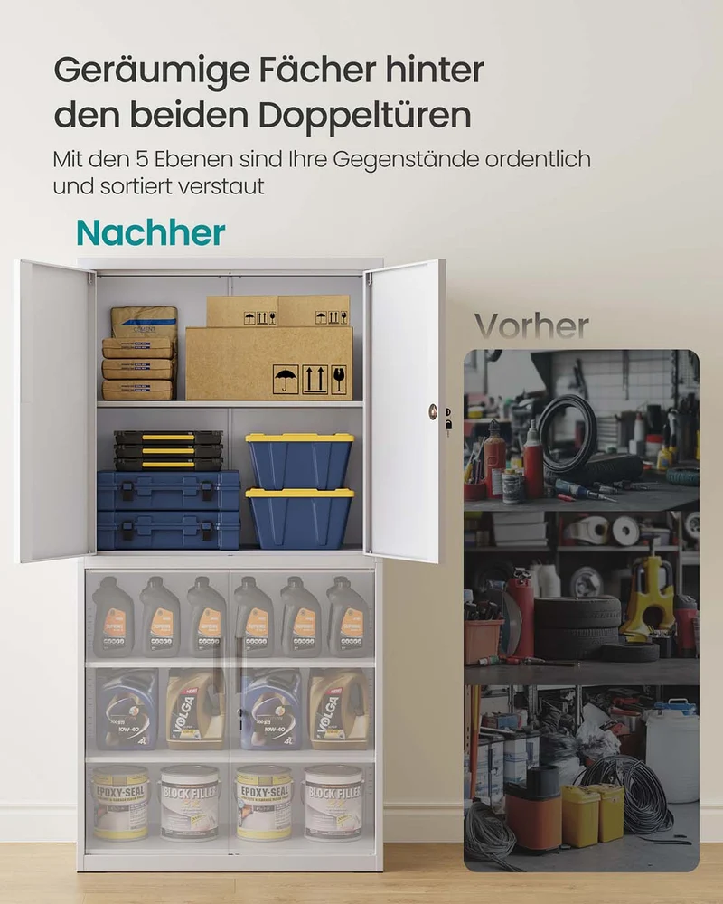 Aktenschrank aus Metall – 180 cm hoch – 5 Ebenen mit Türen – verstellbare Böden & Schloss – Tragkraft bis 125 kg