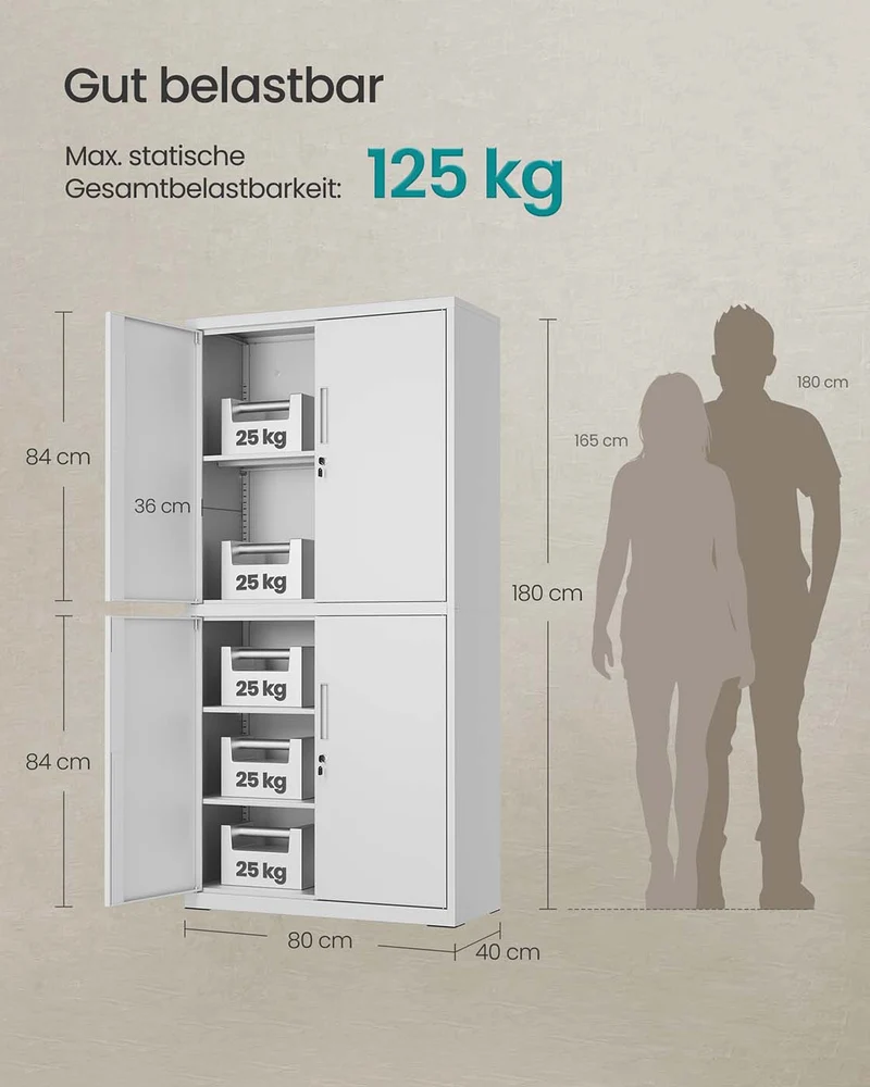 Aktenschrank aus Metall – 180 cm hoch – 5 Ebenen mit Türen – verstellbare Böden & Schloss – Tragkraft bis 125 kg