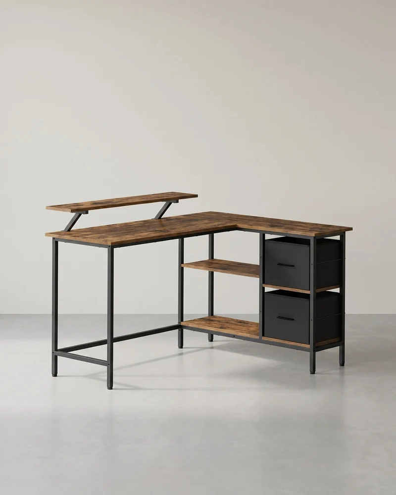 L-förmiger Schreibtisch mit Monitorständer – Eckschreibtisch mit 2 Schubladen und verstellbarem Regal – 135 x 105 x 89,5 cm