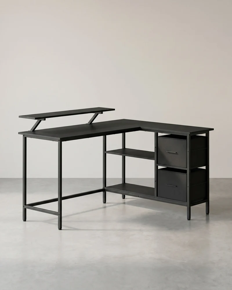 L-förmiger Schreibtisch mit Monitorständer – Eckschreibtisch mit 2 Schubladen und verstellbarem Regal – 135 x 105 x 89,5 cm