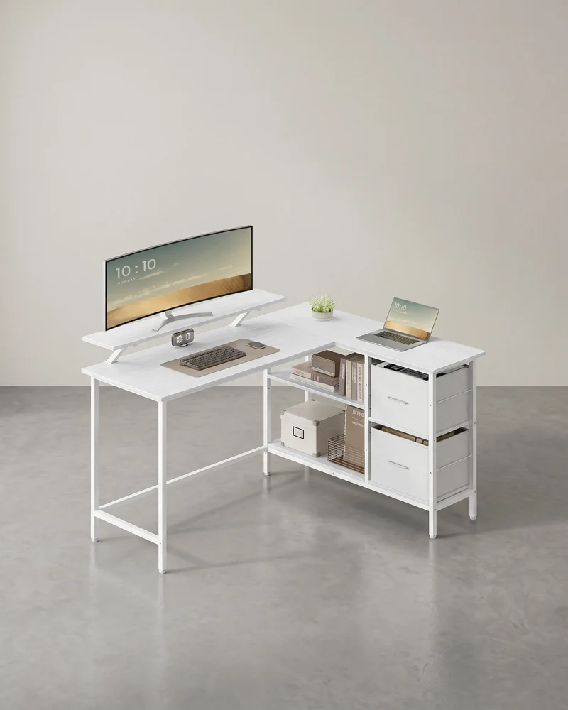 L-förmiger Schreibtisch mit Monitorständer – Eckschreibtisch mit 2 Schubladen und verstellbarem Regal – 135 x 105 x 89,5 cm