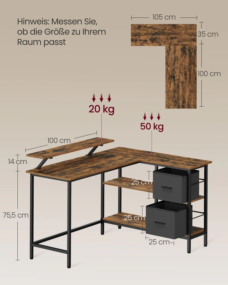 L-förmiger Schreibtisch mit Monitorständer – Eckschreibtisch mit 2 Schubladen und verstellbarem Regal – 135 x 105 x 89,5 cm