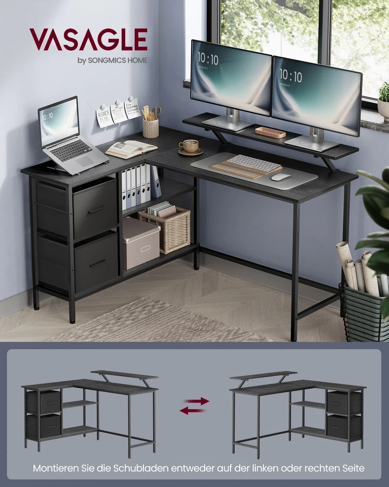 L-förmiger Schreibtisch mit Monitorständer – Eckschreibtisch mit 2 Schubladen und verstellbarem Regal – 135 x 105 x 89,5 cm