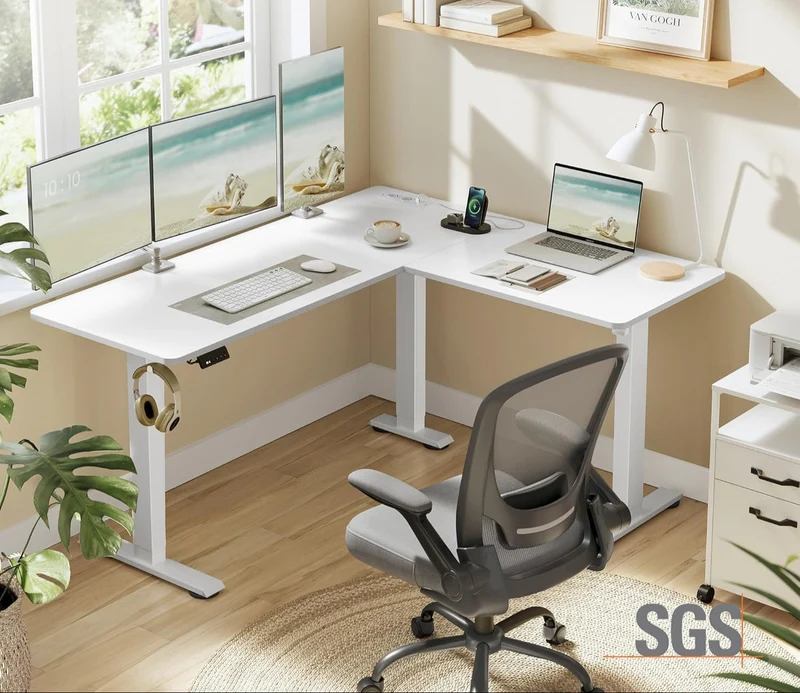 Elektrisch verstellbarer Eckschreibtisch – L-Form – 140 x 160 cm – Integrierte Steckdose und USB – Memory-Funktion – 72-120 cm Höhe
