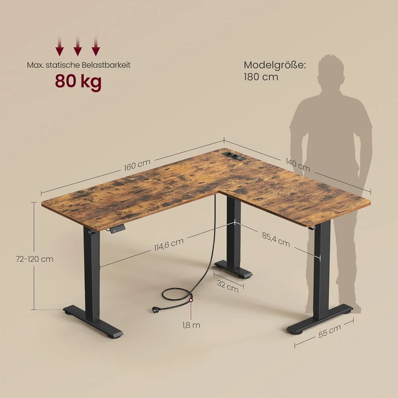 Elektrisch verstellbarer Eckschreibtisch – L-Form – 140 x 160 cm – Integrierte Steckdose und USB – Memory-Funktion – 72-120 cm Höhe
