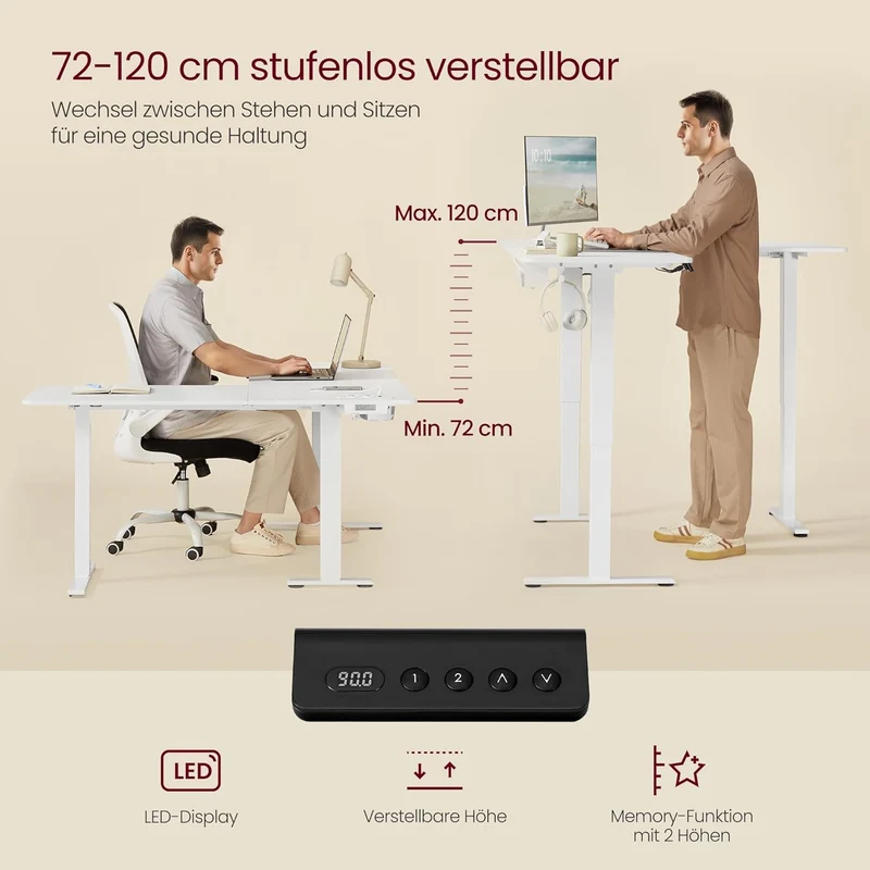 Elektrisch verstellbarer Eckschreibtisch – L-Form – 140 x 160 cm – Integrierte Steckdose und USB – Memory-Funktion – 72-120 cm Höhe