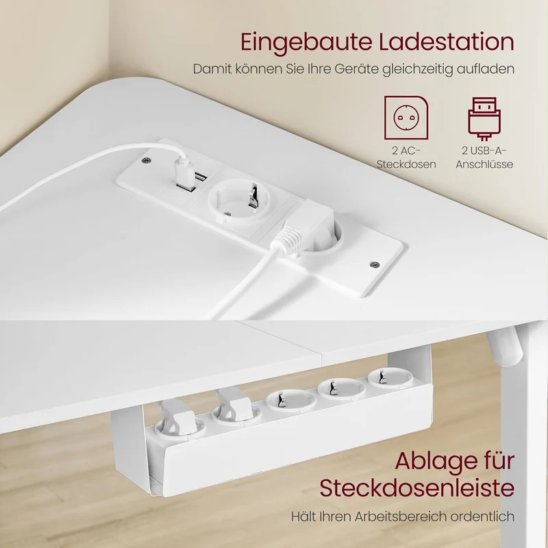 Elektrisch verstellbarer Eckschreibtisch – L-Form – 140 x 160 cm – Integrierte Steckdose und USB – Memory-Funktion – 72-120 cm Höhe