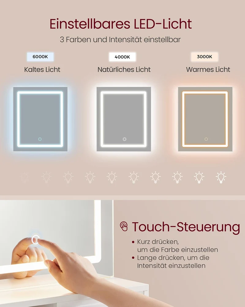 Schminktisch mit LED-Spiegel und Steckdosen – KAILYN-Kollektion