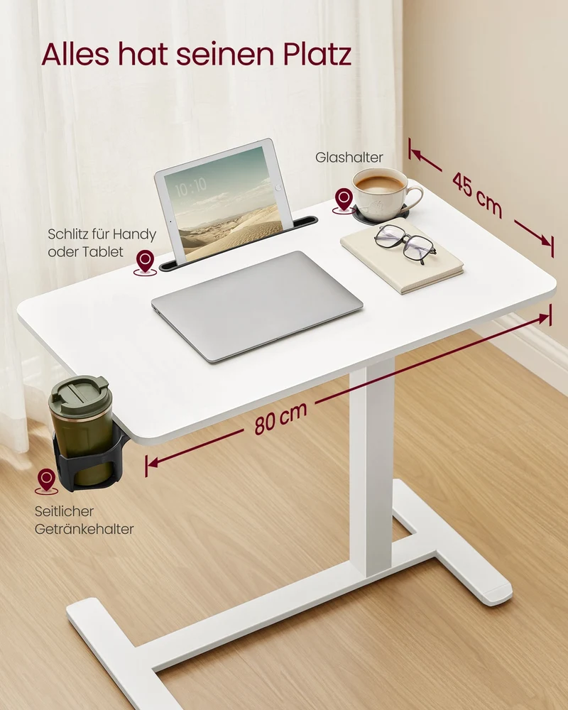 Verstellbarer Beistelltisch mit Rollen – Höhe 65-102 cm – Weiß – Multifunktionstisch