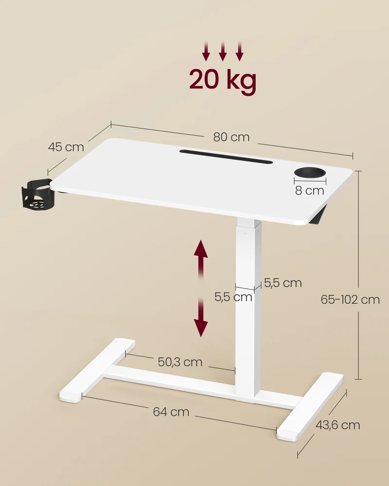 Verstellbarer Beistelltisch mit Rollen – Höhe 65-102 cm – Weiß – Multifunktionstisch