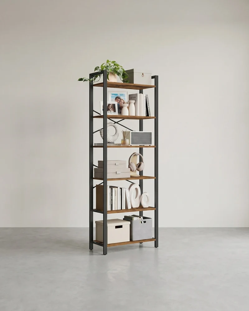 Bücherregal mit 6 offenen Regalen – Industriedesign – 186 cm hoch – Braun/Schwarz