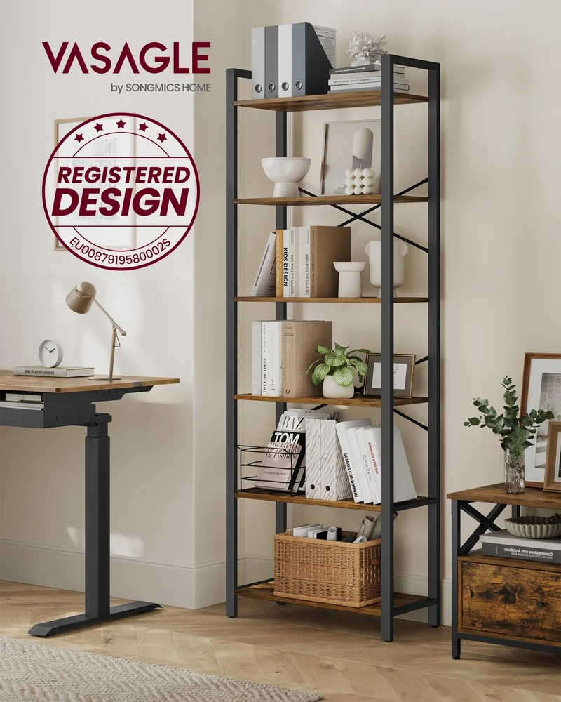 Bücherregal mit 6 offenen Regalen – Industriedesign – 186 cm hoch – Braun/Schwarz