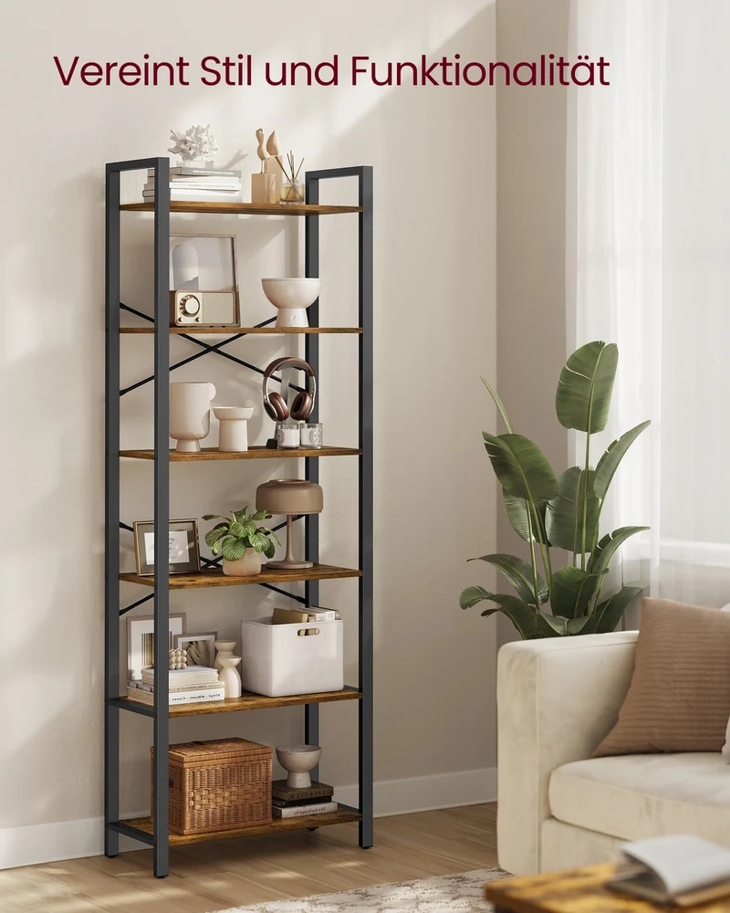 Bücherregal mit 6 offenen Regalen – Industriedesign – 186 cm hoch – Braun/Schwarz