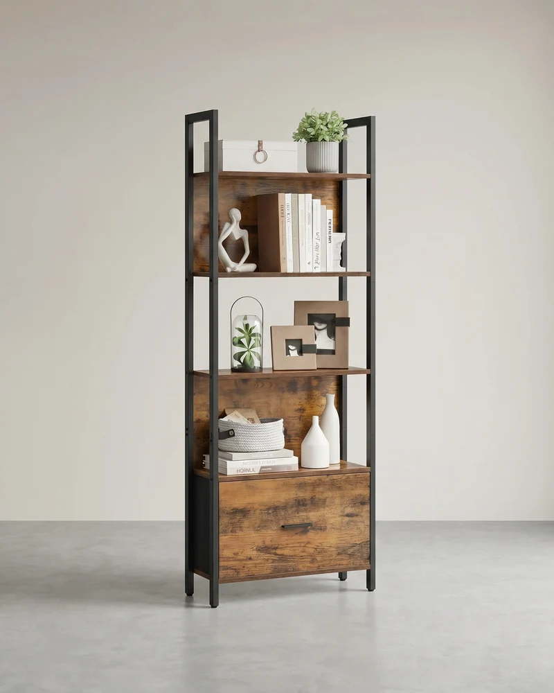 Bücherregal mit Schublade – Industrielles Leiterregal – Lagerschrank mit 5 Ebenen – 165 cm hoch