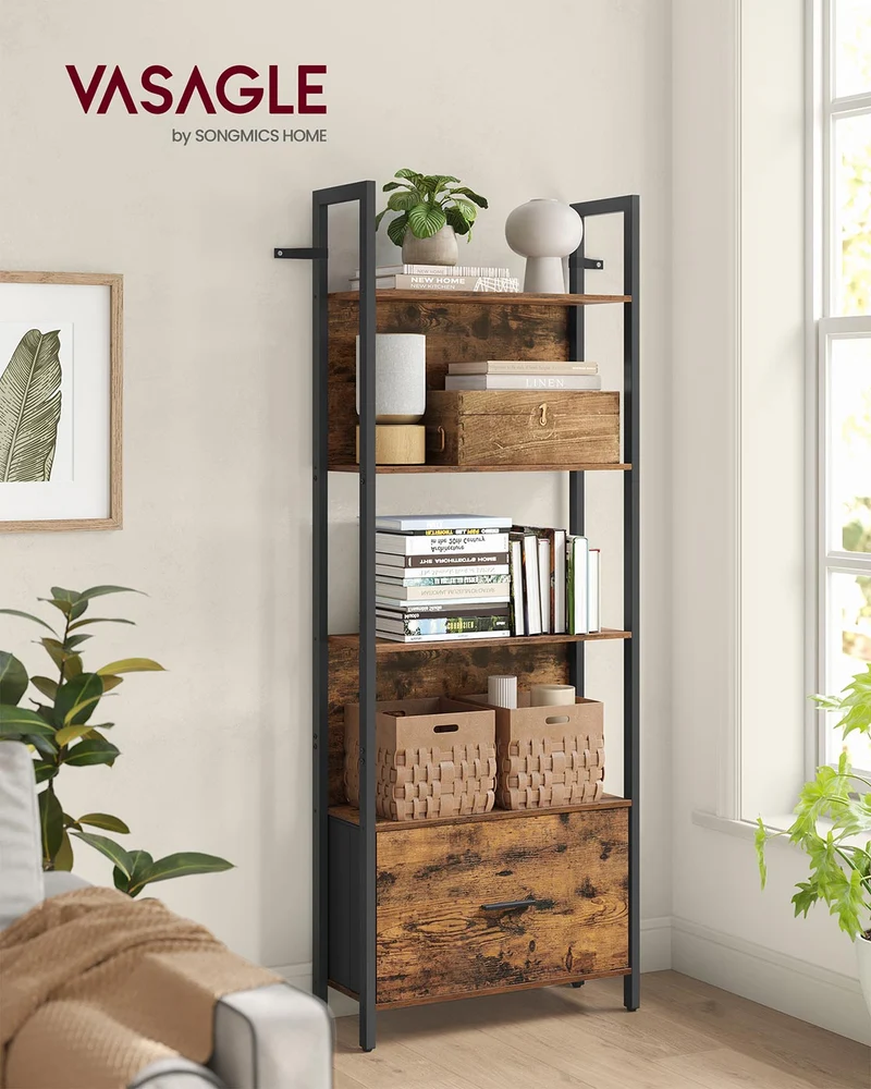 Bücherregal mit Schublade – Industrielles Leiterregal – Lagerschrank mit 5 Ebenen – 165 cm hoch